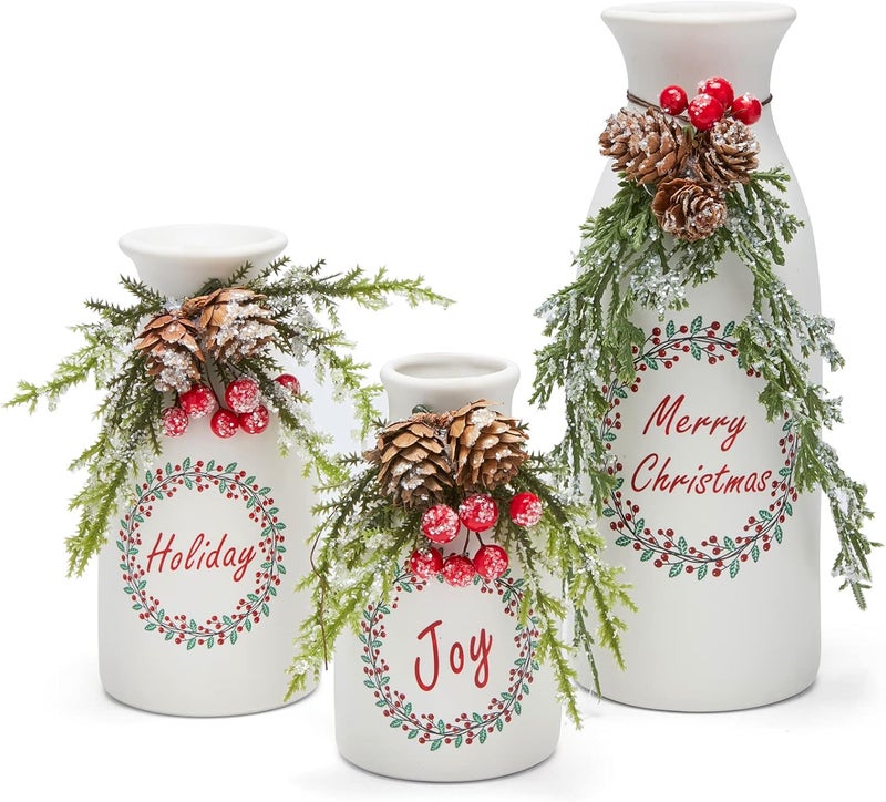 Wortour Artificial Christmas 3-Piece Set Flocked with Mixed Xmas Decorations Ceramic White Bottles - Image 1